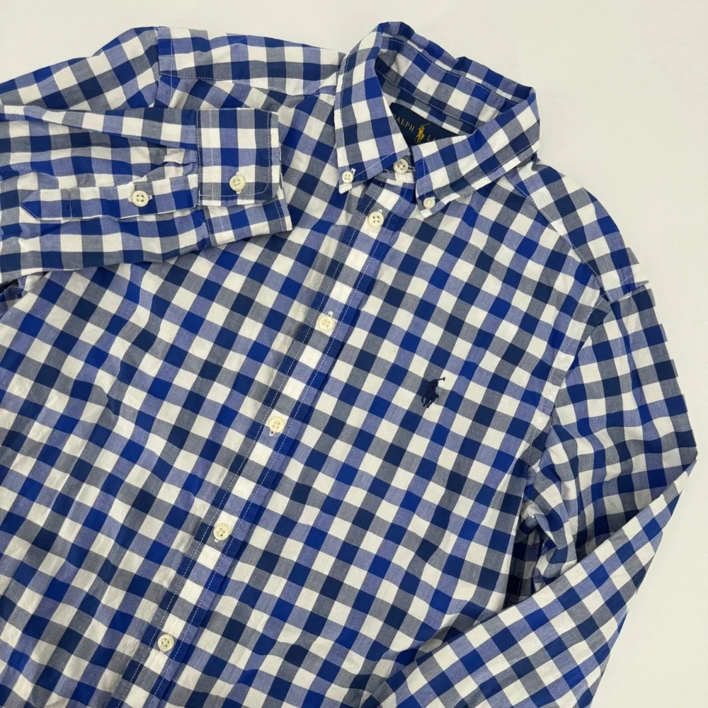 Ralph Lauren Boys Blue White Gingham Button Down Shirt Size L 14-16 Long Sleeve